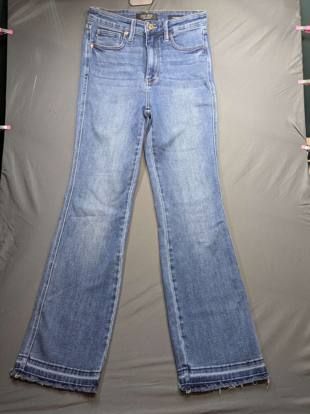 Judy Blue Mid-Rise Slim Boot Cut Medium Blue Flare Jeans with Frayed Hem